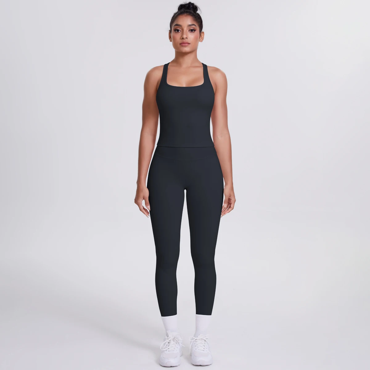 Hamidou 2-teiliges Damen-Yoga-Set, schnell trocknende, hüftformende Fitnesshose, Yoga-Leggings, einfarbig, Gym, schöner Rücken, I-förmige Weste – Detail 10
