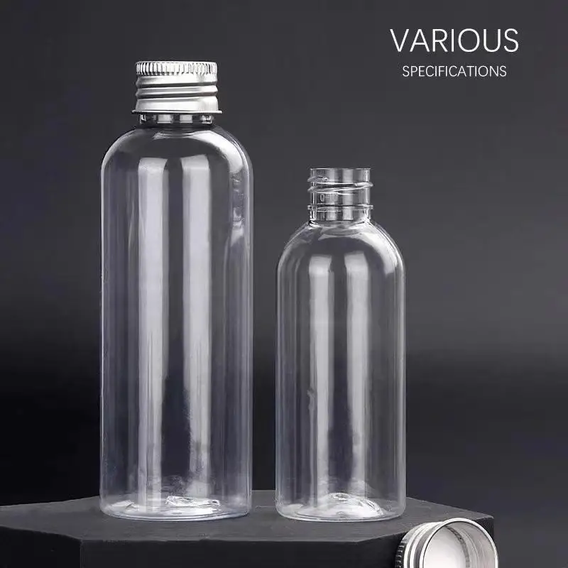 50 Stück Plastikflaschen mit Aluminiumkappe, 100 ml, 50 ml, 30 ml, Probenfläschchen, transparent, tragbar, Reise-Kosmetikbehälter für Lotion