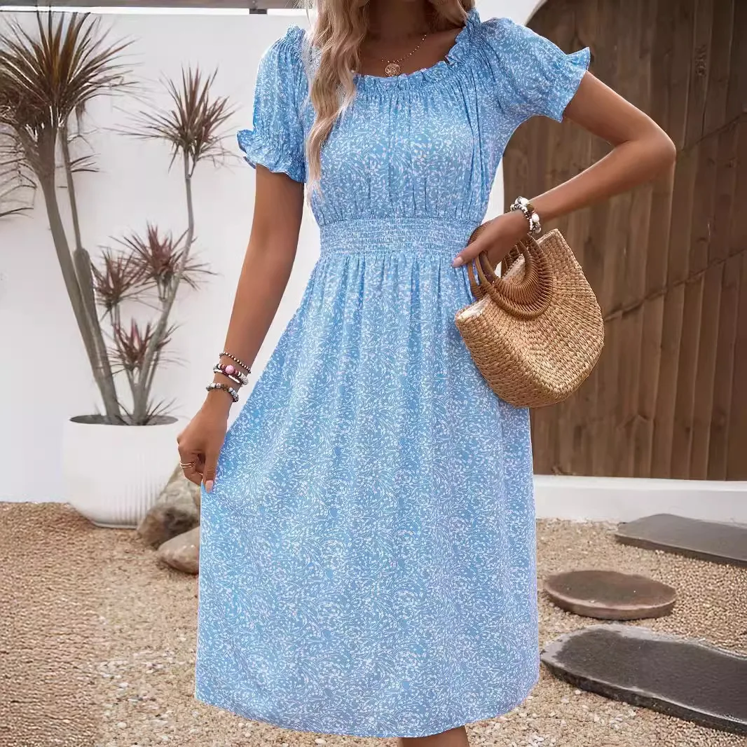 2024 new summer style fashionable temperament casual starry sky floral dress round neck women's mid to long A-line skirt