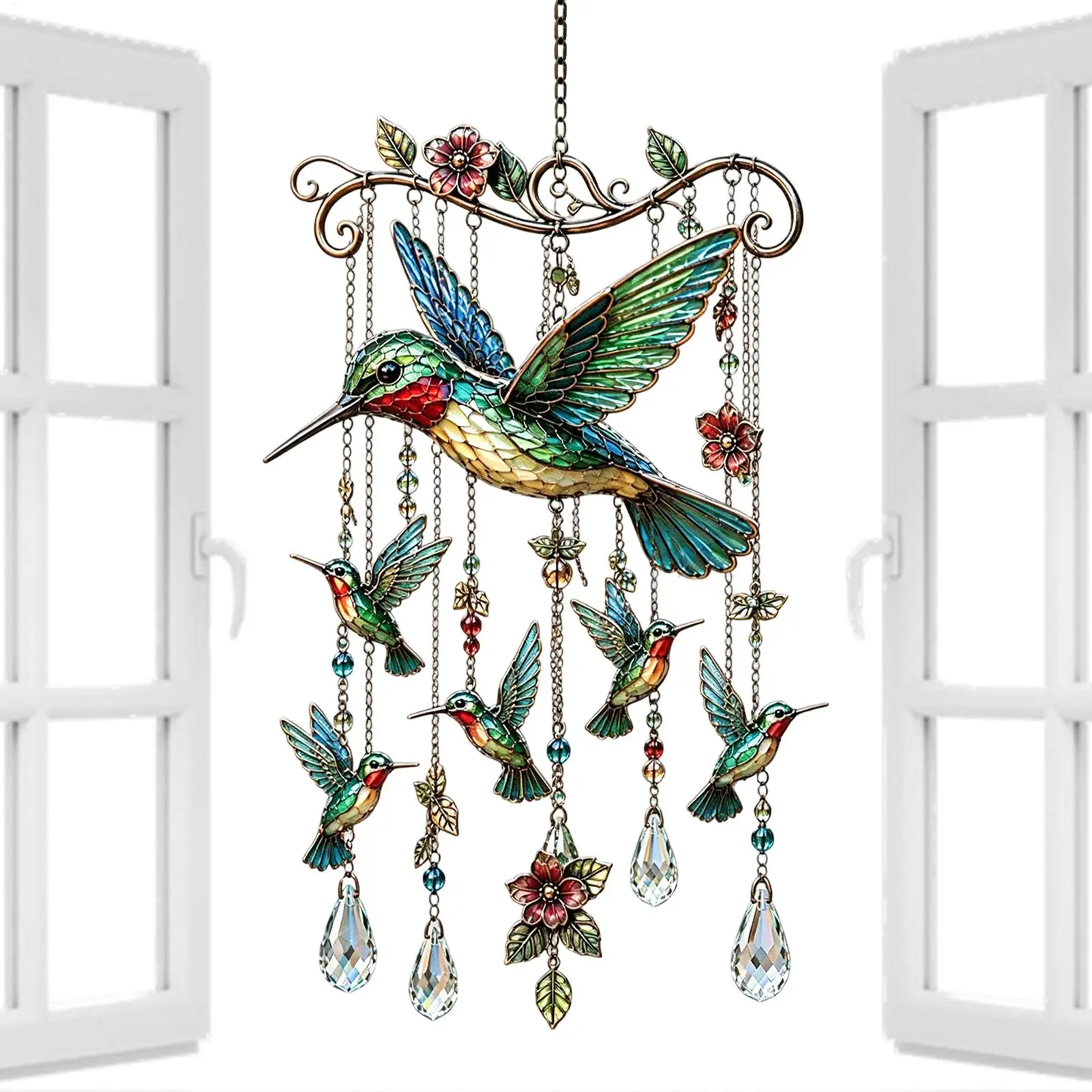 Bird Wind Chimes Garden Decoration Wind Chimes with Crystal Pendants for Homeowners Nature Lovers Porch Balcony Backyard Coffee