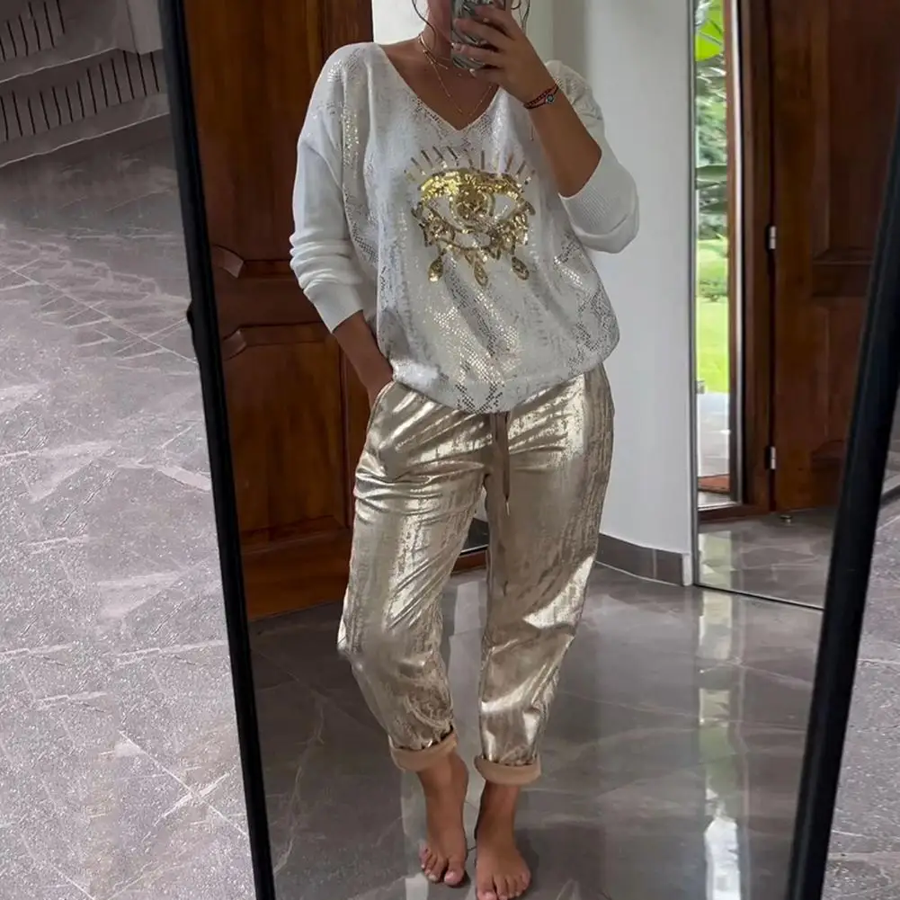 Devil Eye Bronzing Pattern Suit Eye Print V Neck Top Pants Set Loose Bronzing T-shirt Trousers for Women 2 Pcs/set Women Wide