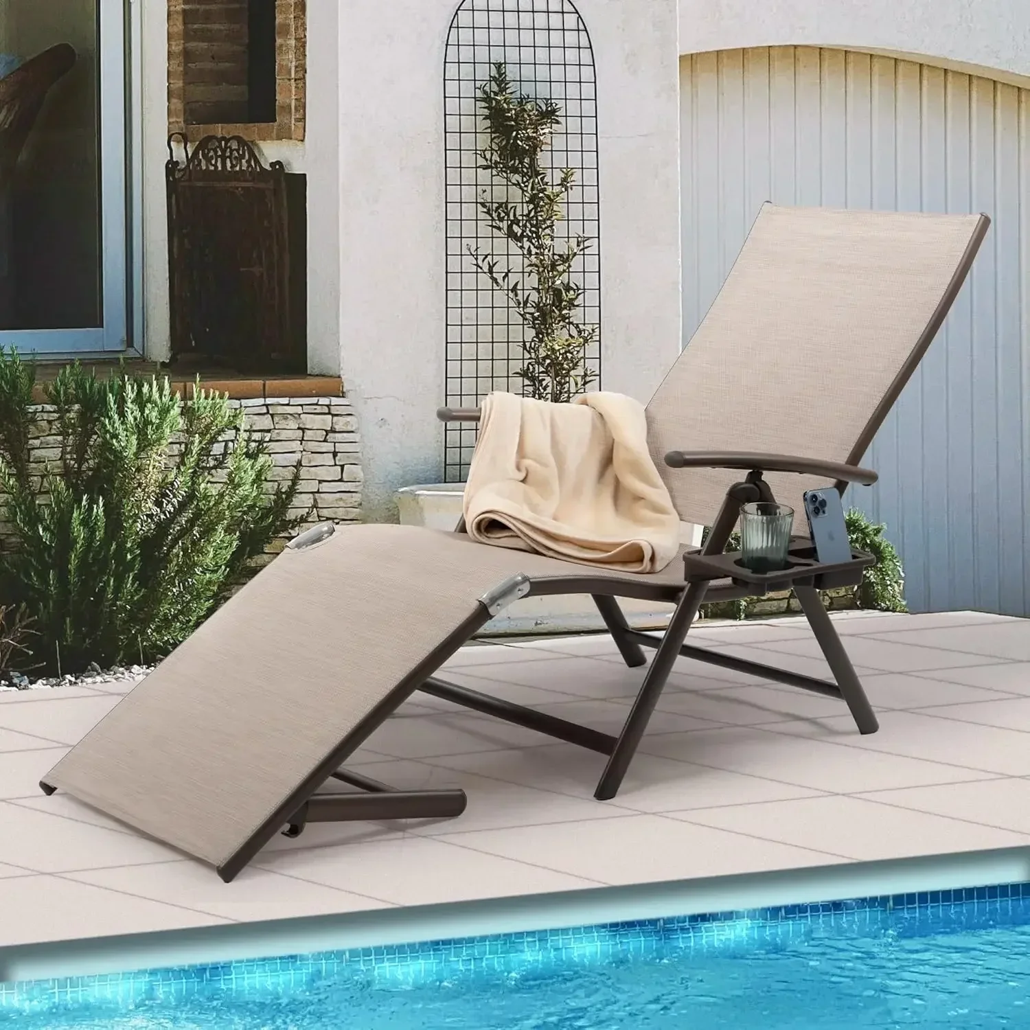 Cozy Aluminum Reclining Lounge Chair - Perfect for Beach, Yard, Pool, Deck, and Patio - Outdoor Chaise Lounge with Drink Holder,