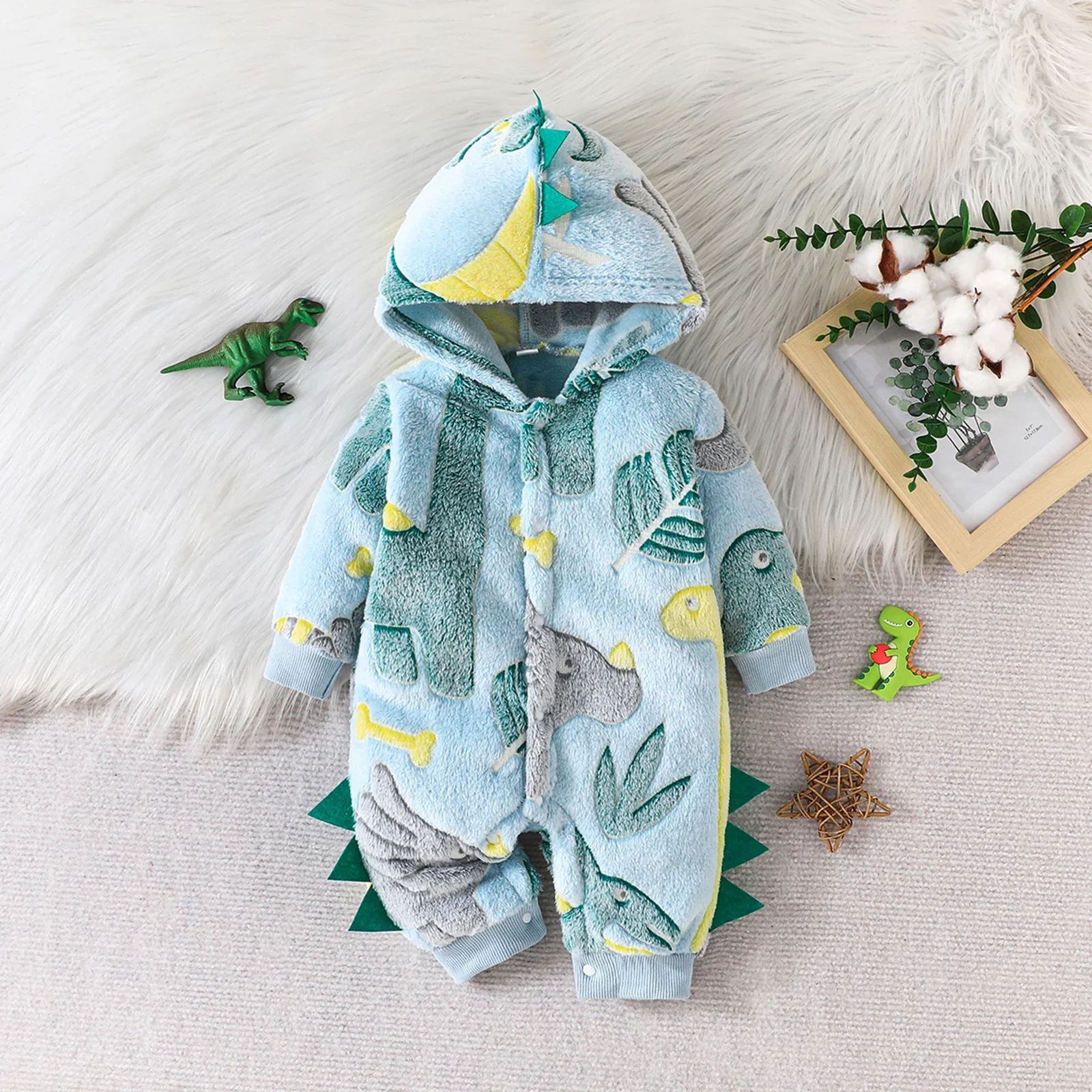 Infant Baby Boy Plush Front Button Romper Dinosaur Pattern Hooded Snap Closure Overall Winter Winter Long Sleeve Jumpsuits