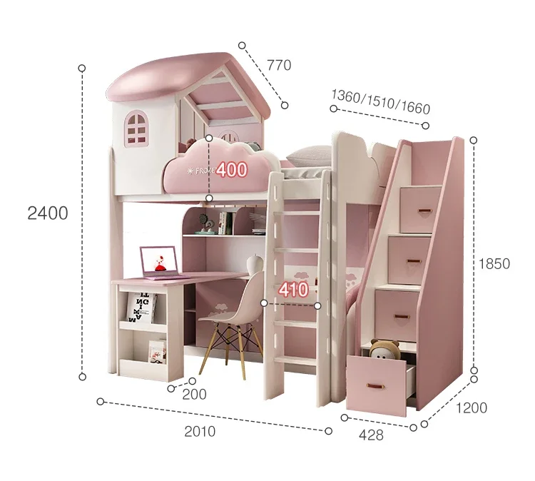 

Children's Castle Princess Bed Staggered Elevated Bed Wardrobe Bookcase Multifunctional Combination