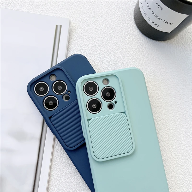 Slide Close Camera Protection Soft TPU Case For iPhone 13 12 11 Pro XS Max X XR 7 8 Plus SE2020 Solid Color Silicone Cover Coque