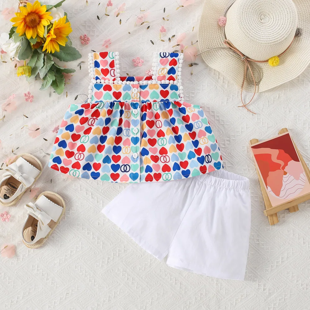 0-3 Year Old Girls' Set Summer New Love Printed Wide Shoulder Strap Sleeveless Top Solid Color Shorts Two Piece Set