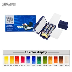 Winsor & Newton-Juego de viaje de acuarela, Media sartén para exteriores, pigmento sólido de Color agua, pintura, suministros de arte, 12 colores