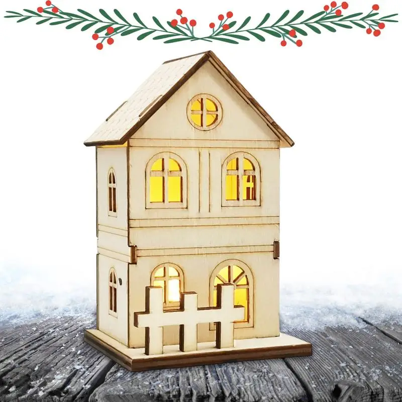 Mini Christmas House Small Wooden Tabletop House With LED Glowing Decor Christmas Town Scene Display Decorations