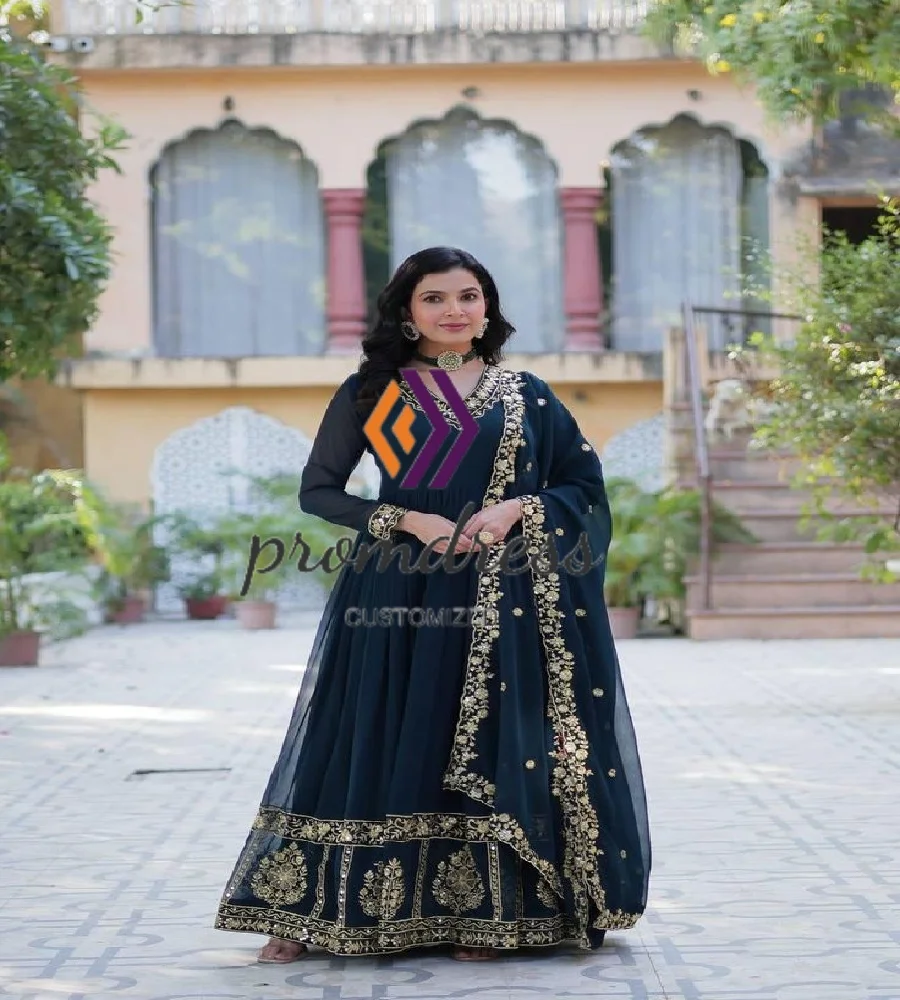 Vestido de noche Retro Paskistani de Oriente Medio con Dupata elegante vestido de fiesta Maxi de encaje con cuello en V fiesta de Henna árabe de Dubai personalizado