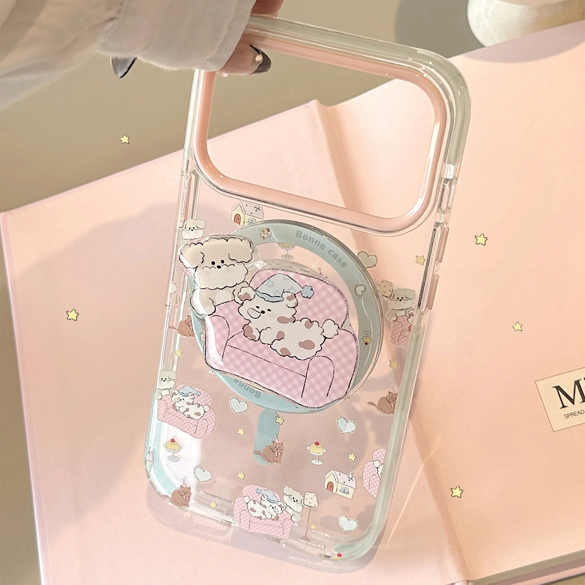 الكورية الكرتون الوردي أريكة جرو البيت حامل المغناطيسي جراب هاتف آيفون 17 16 15 14 13 12 برو ماكس واضح للصدمات لينة غطاء