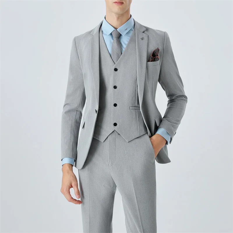 

Man 3-piece Set Simple Solid Turn Down Collar Blazer Male Single-breasted Vest Straight-leg Pant Men Slim Wedding Suit Outfit