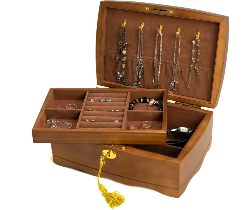 

High Quality Acacia Wood Jewelry Box Large Premium Storage Organizer with Hinged Lid and Locking Key