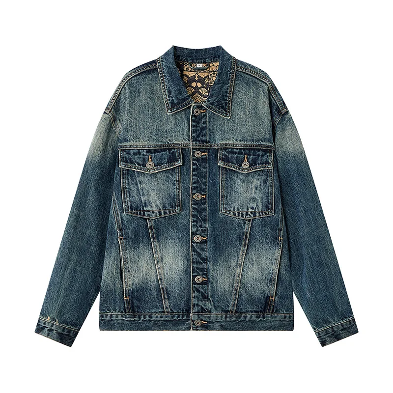 

Akkad Kuti Autumn and Spring New Solid Color American Vintage Straight Leg Denim Jacket Men's Casual Loose Sports Plus Size Coat