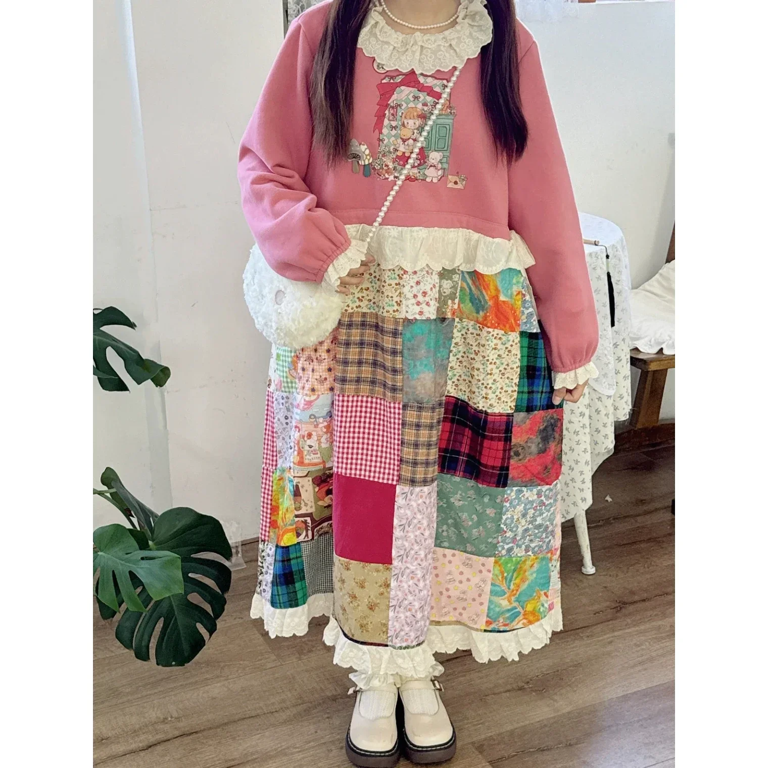 Women Fleece Winter Patchwork Cotton Ruffled Lace Long Sleeve Midi Dress Vintage Cottagecore Mori Girl Harajuku Lolita Dress