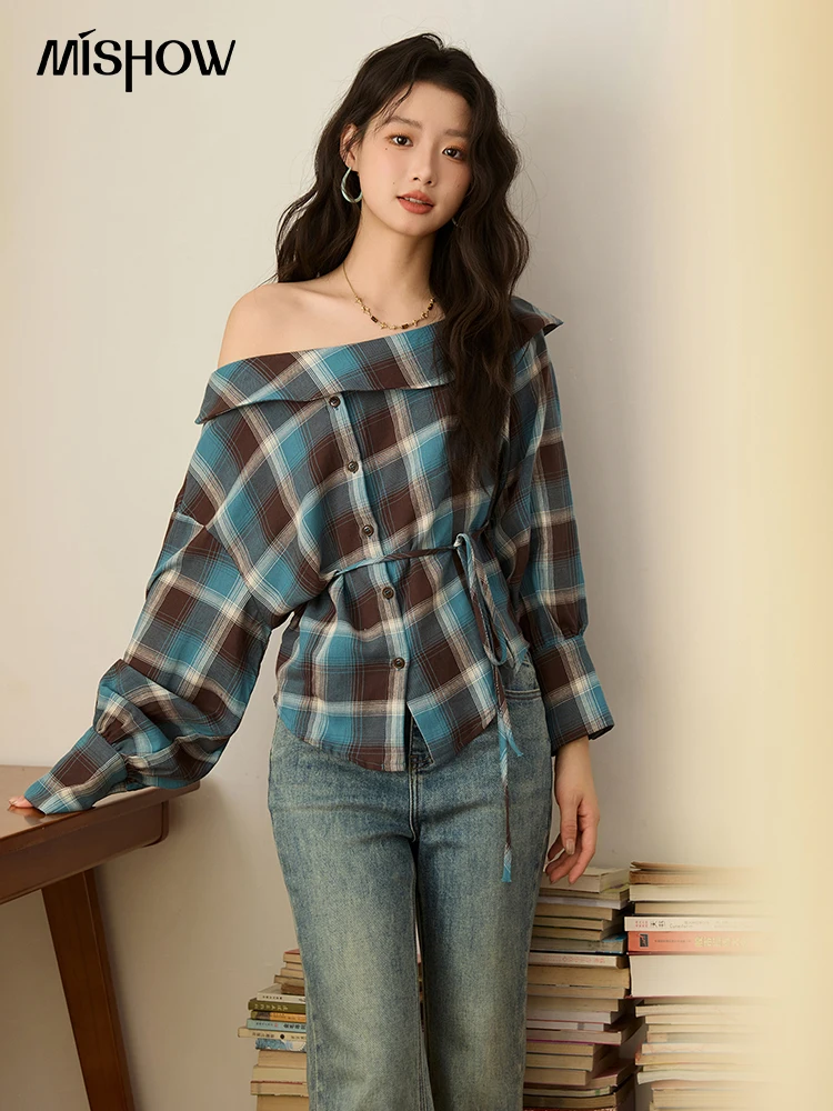 

MISHOW Blue Plaid Diagonal Shoulder Shirt for Women Autumn 100 Cotton Streetwear Tops Waist Tie Long Sleeved Shirts MXE42C2384