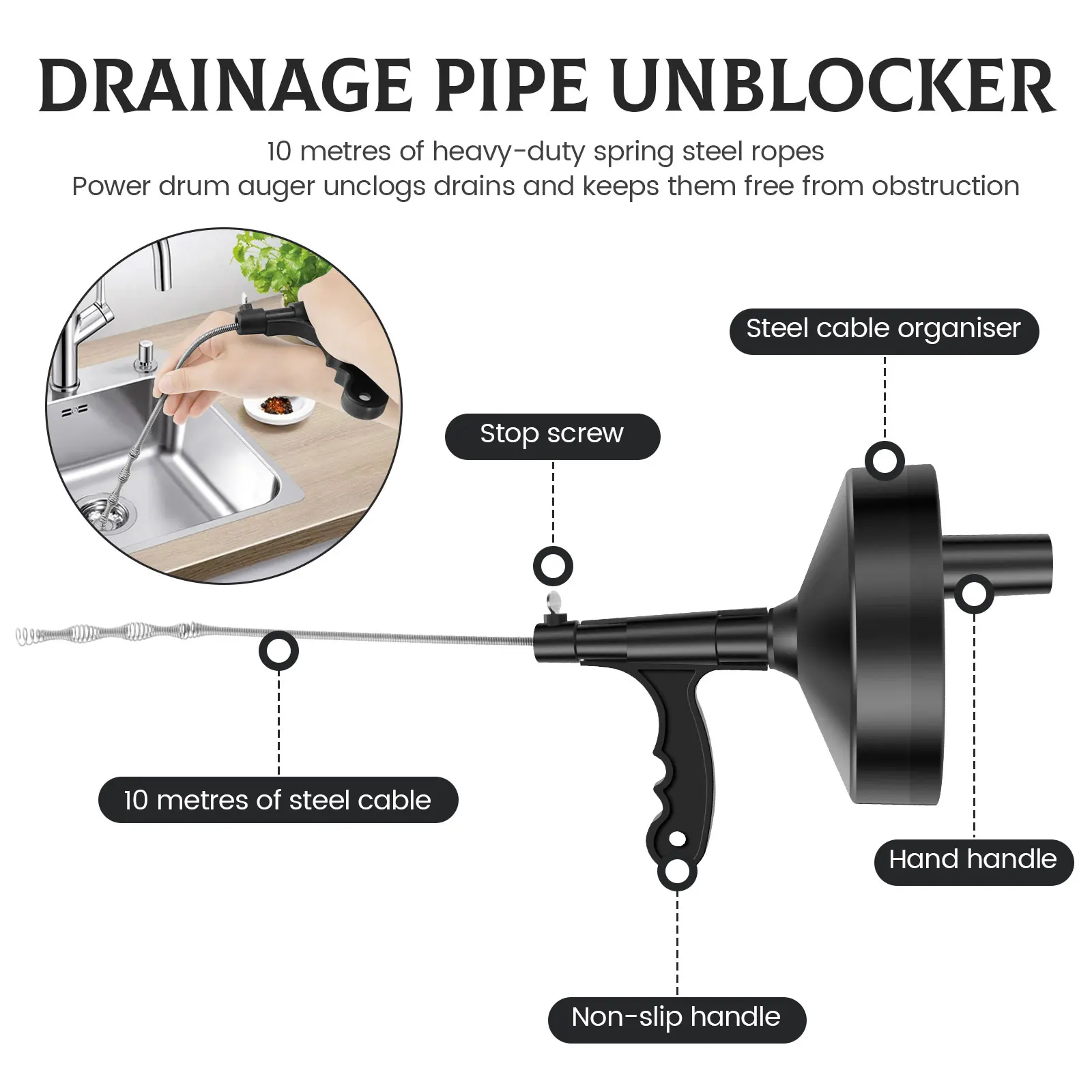 3/7/10M Auger Clog Remover Tool Kitchen Drain Pipe Sewer Unblocker Hair Blockage Cleaner Tool for Bathroom Shower Sink Toilet