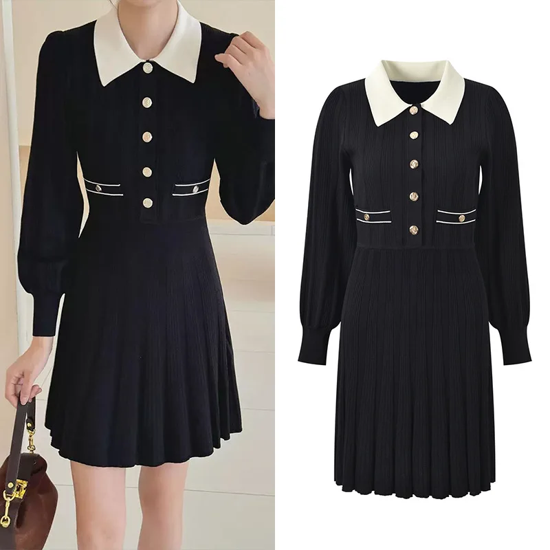 

Fall Design Slim Fit Knitted Dr with Bubble Sves And Collar k Stripe Color Blo Pattern Ele And Slimming