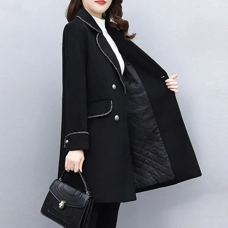 2024 New Autumn Winter Wool Coat Women Windbreaker Jacket Wool Lining Laminated Cotton Thicke Black Outerwear Clothes Female