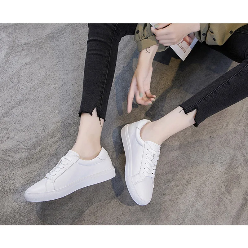 CXJYWMJL Cowhide Skate Shoes for Women Spring Casual Vulcanized Shoes Ladies Genuine Leather Sneakers Autumn Small White Flats