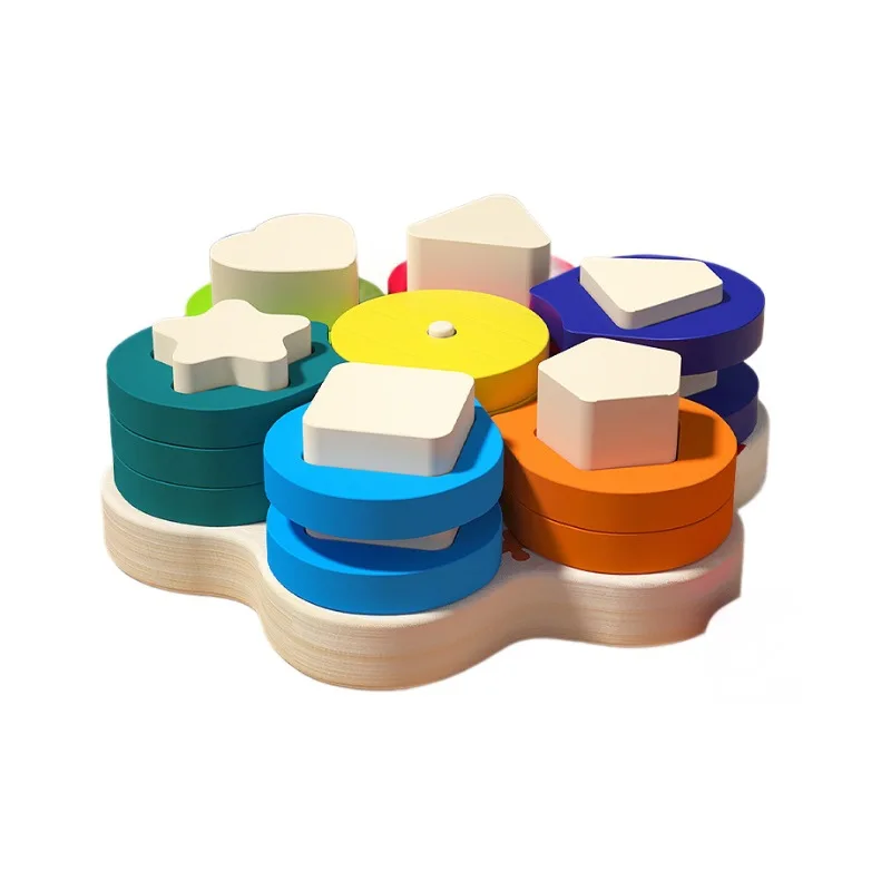 Kid Montessori Toys Colorful Wooden Flower Shape Stacking Toys Children Early Educational Wood Blocks Geometry Puzzle Game Toy