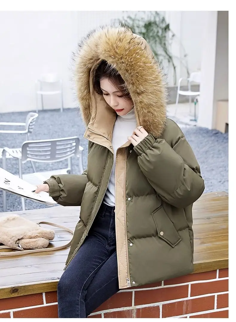 Down Cotton Jacket For Women Short Thickened 2026 Winter New Big Fur Collar Loose Cotton Coat Women's Warm Hooded Jackets Parker