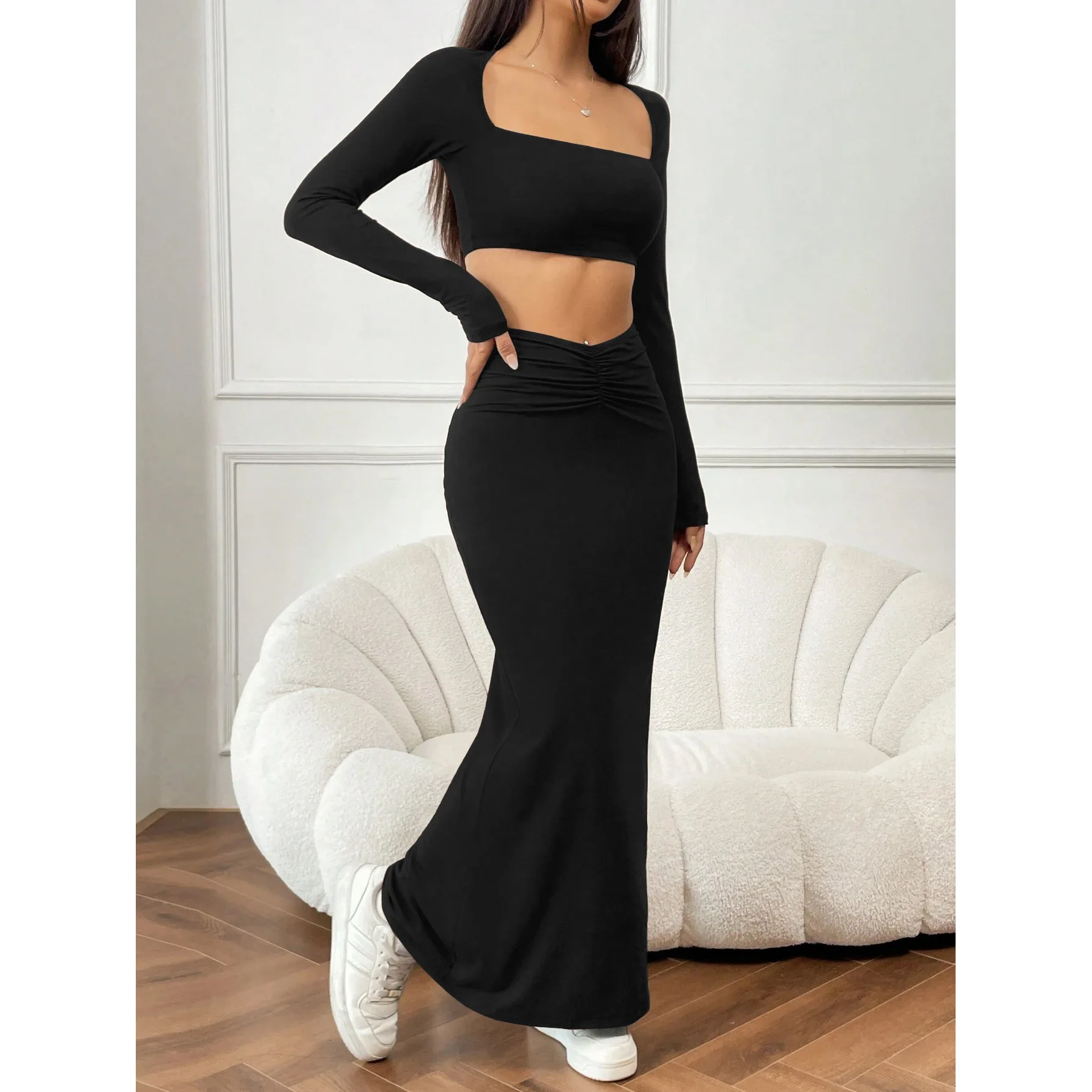 패셔너블한 캐주얼 단색 긴팔 스퀘어 칼라 배꼽 노출 탑과 피쉬테일 롱 스커트 세트 여성용 가을 겨울 신상품