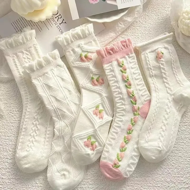 

Japanese Cute Harajuku Lolita White Powder Socks JK Girl Cherry Blossom Tube Socks College Students Lace Socks
