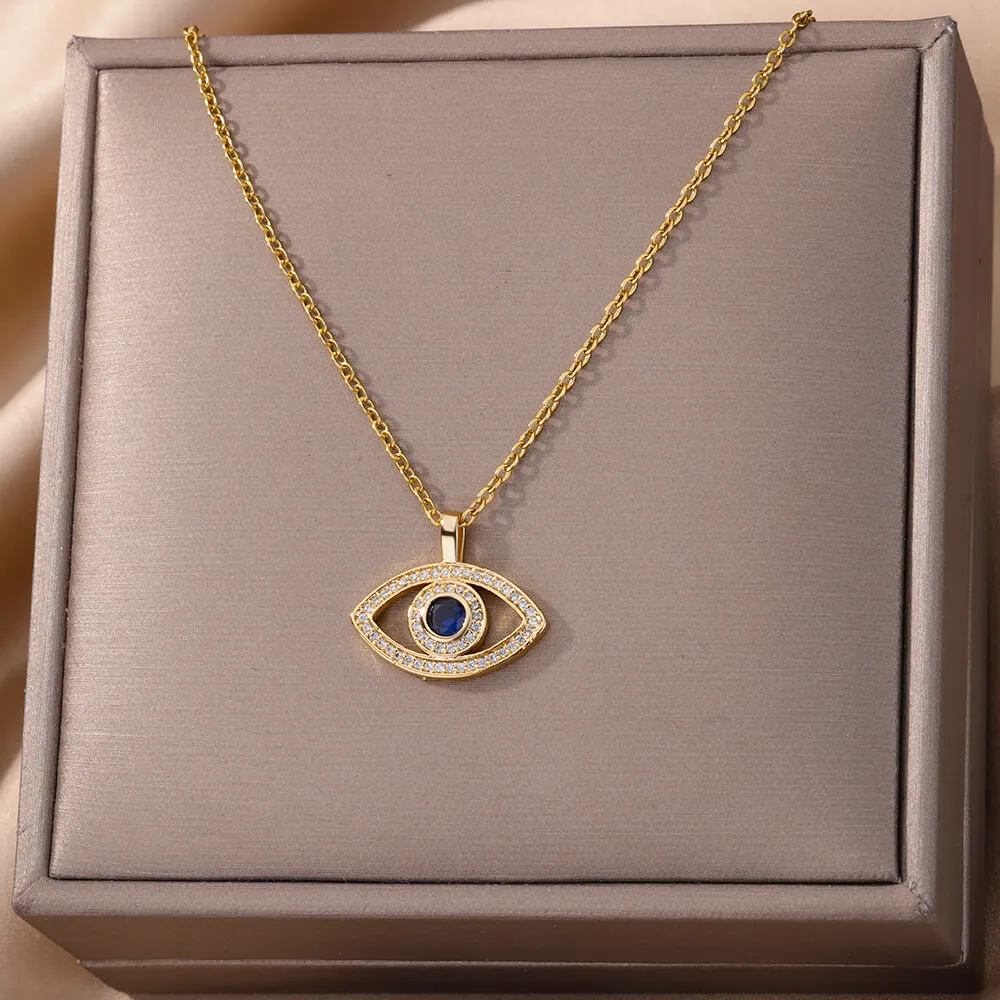 Zircon Evil Eye Pendant Necklaces For Women Stainless Steel Gold Color Necklace 2024 Trend Aesthetic Lucky Turkish Jewerly Gift