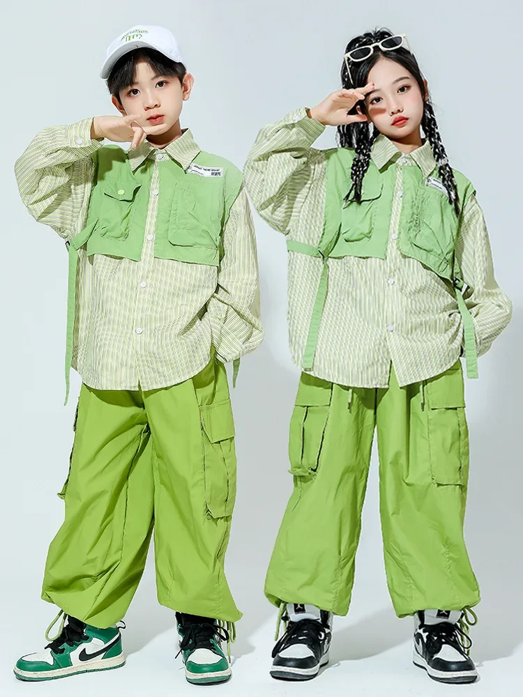 Kids Hip Hop Clothing Green Tops Streetwear Harajuku Jogger Tactical Cargo Pants for Girls Boys Dance Costume Clothes