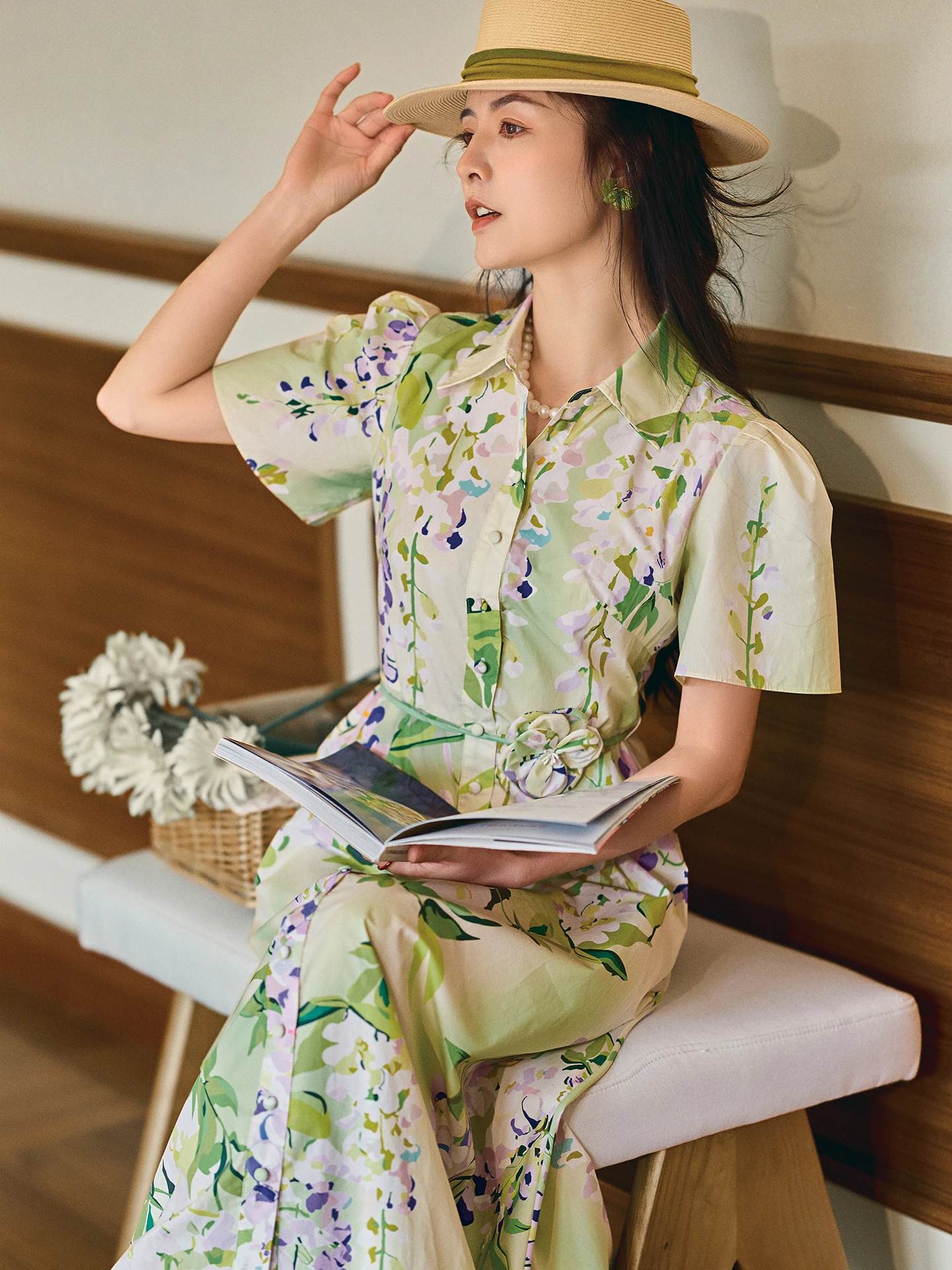 

Spring 2026 Floral Print Cotton Midi Dr Belted Skirt Sle Bubble Sve A-Line Dr l Waist Casual Ci Commute