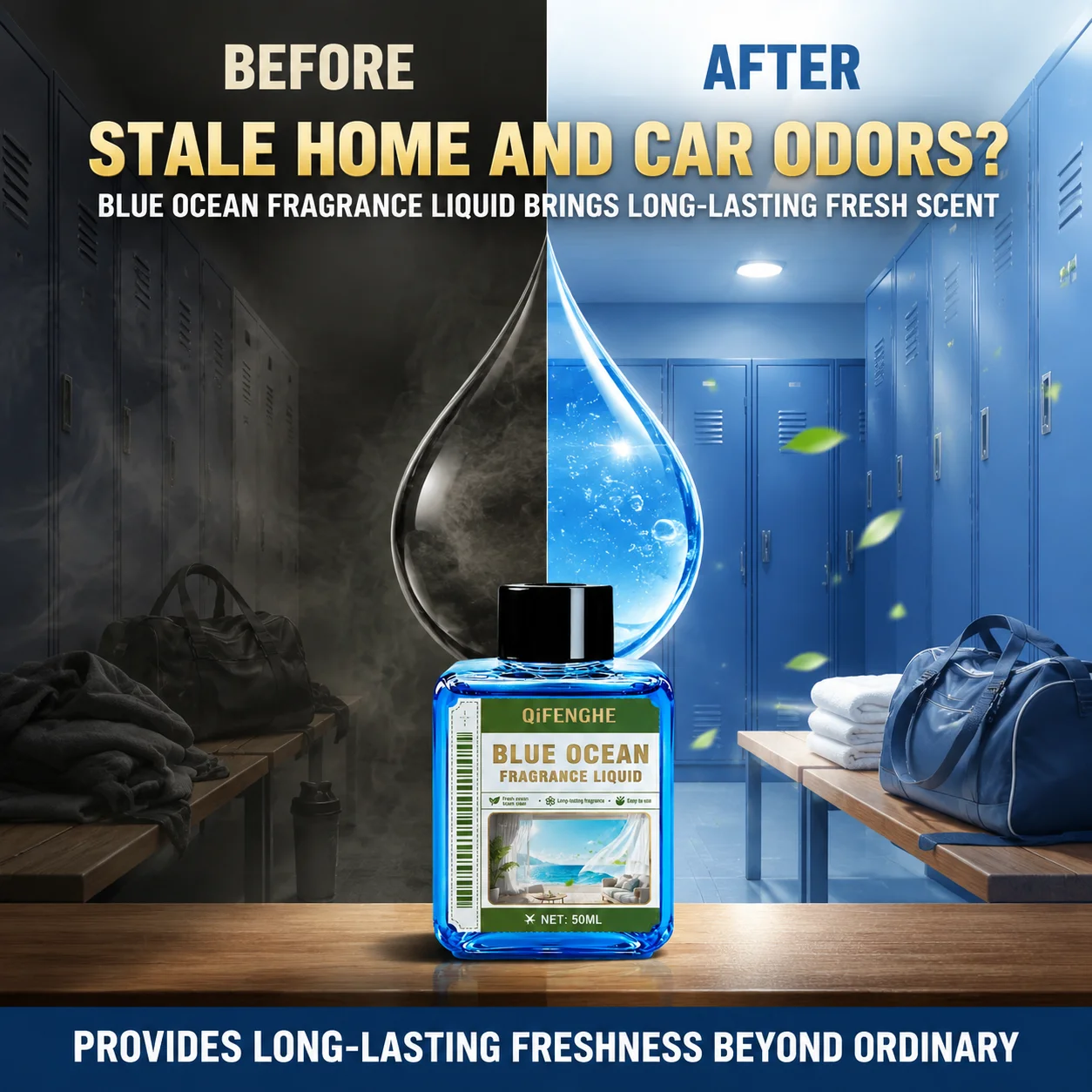 Continuous Blue Ocean Odor Eliminator Liquid for Pet Area Bathroom Gym Locker Deodorize Heavy Smells 50ml Vial
