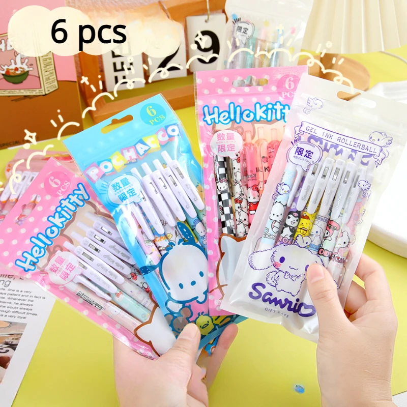 6 sztuk/zestaw Kawaii Sanrio Cinnamoroll 0.5mm zestaw długopisów żelowych uroczy Hello Kitty czarny długopis kreskówka uczeń prezent artykuły biurowe