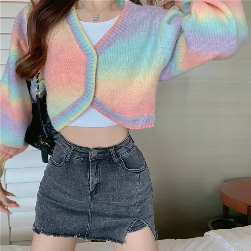 Autumn Rainbow Sweet Knitted Sweater Ladies Colorful Loose Korean Style Cashmere Sweater Warm Kawaii Button-down Cardigan 2021