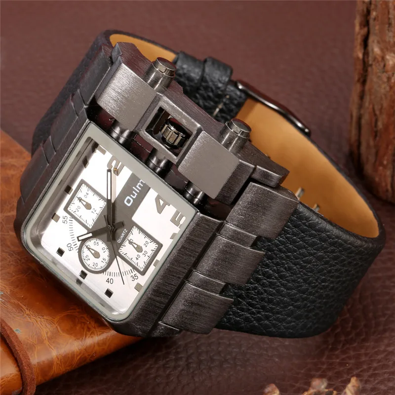 OULM Unique Design Square Men Wristwatch Wide Big Dial Leather Strap Watches