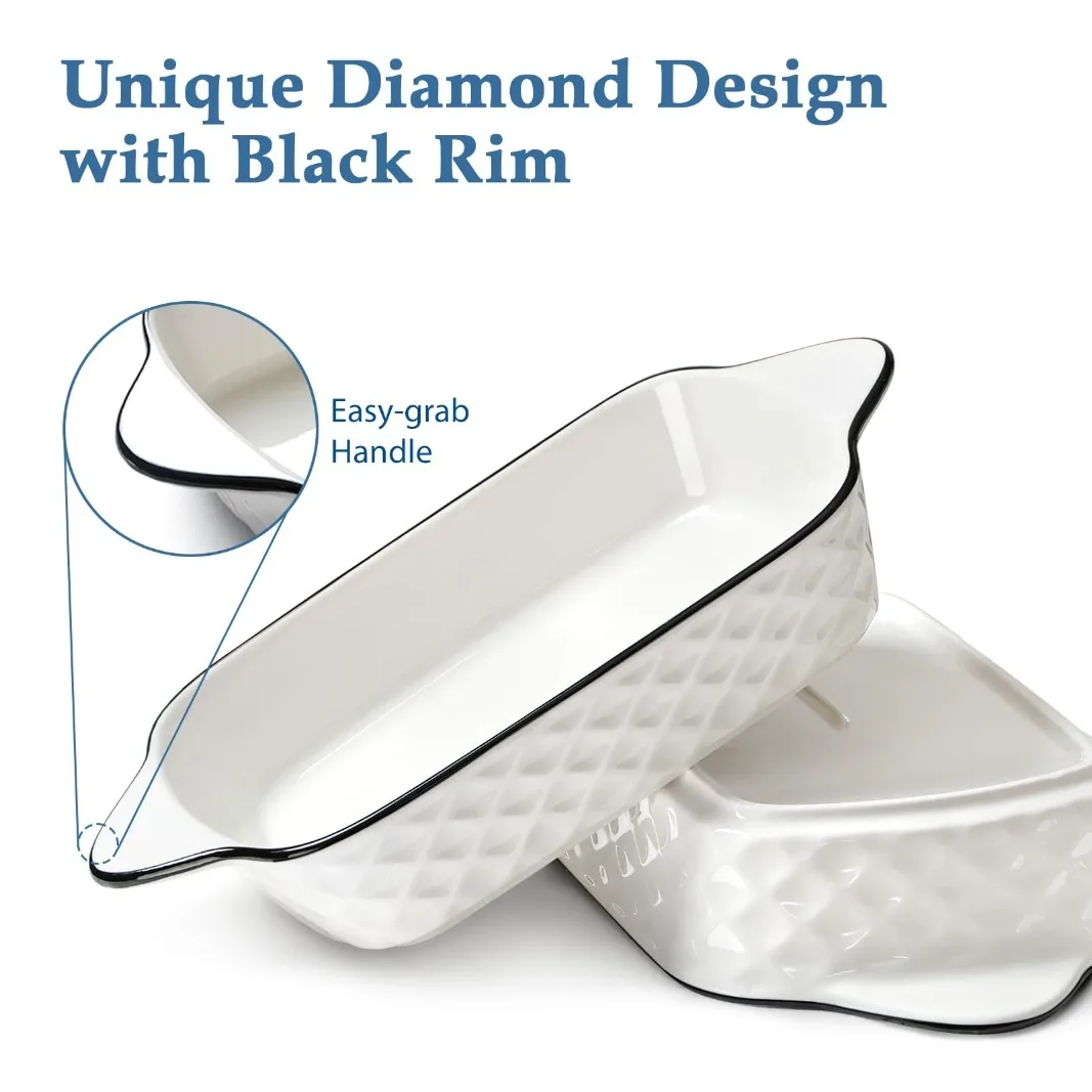 2/3/4pcs Ceramic Bakeware Rectangular Diamond Design Baking Dish with Handles/Oven And Microwave Safe Perfect Christmas Gift