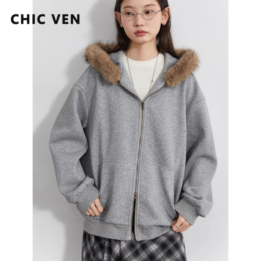 

CHIC VEN Fashion Women Sweatshirts Loose Casual New Hooded Detachable Faux Fur Collar Female Fleece Jacket Autumn Winter 2025