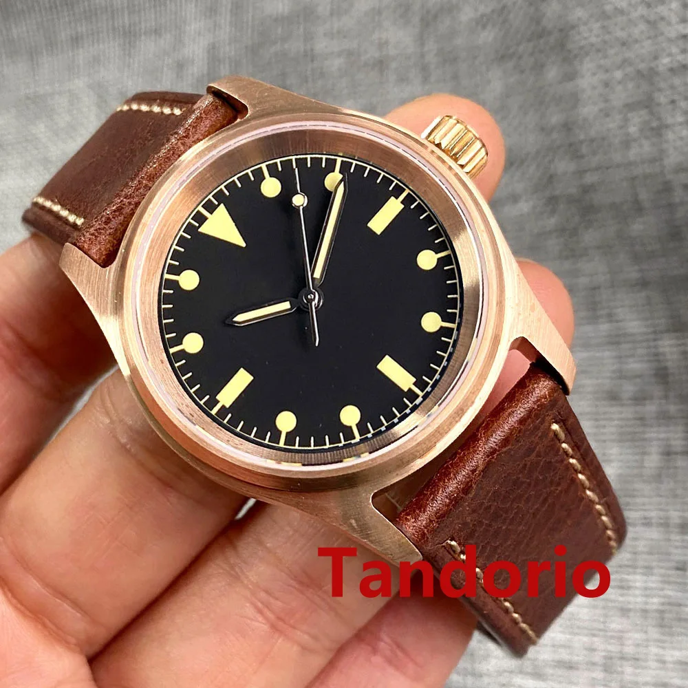 36mm Tandorio Solid Full Cusn8 Bronze NH35 PT5000 200m Waterproof Diver Automatic Black Men Watch Sapphire Crystal Leather Strap