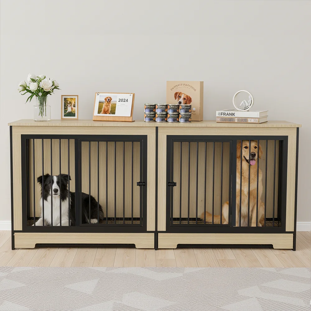 Dog Crate Furniture with Two Combined Room, XL Double Dog Cage Furniture with Tray for Medium Large Dogs, Wooden Dog Furniture