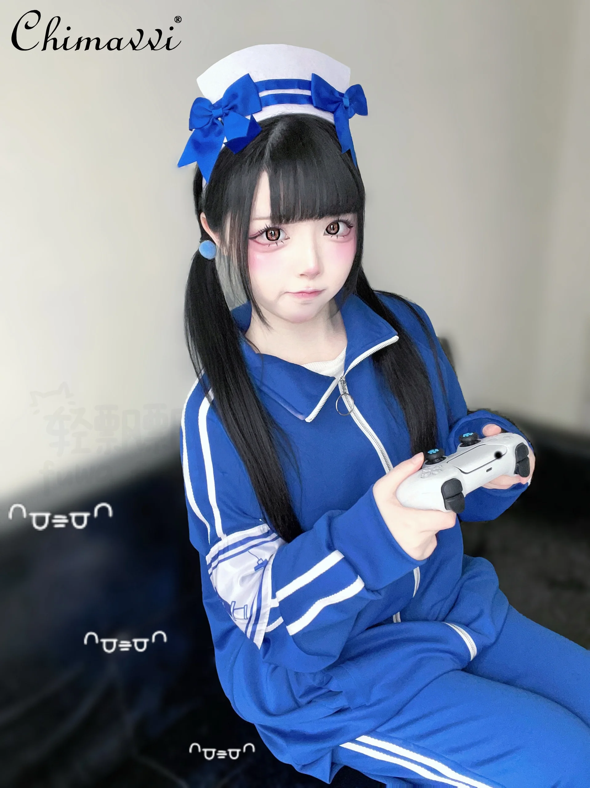 

Japanese Style College Two Stripes Cute Long Sleeve Loose Jacket and Pants Spring Autumn New Student Girl Casual Blue Set