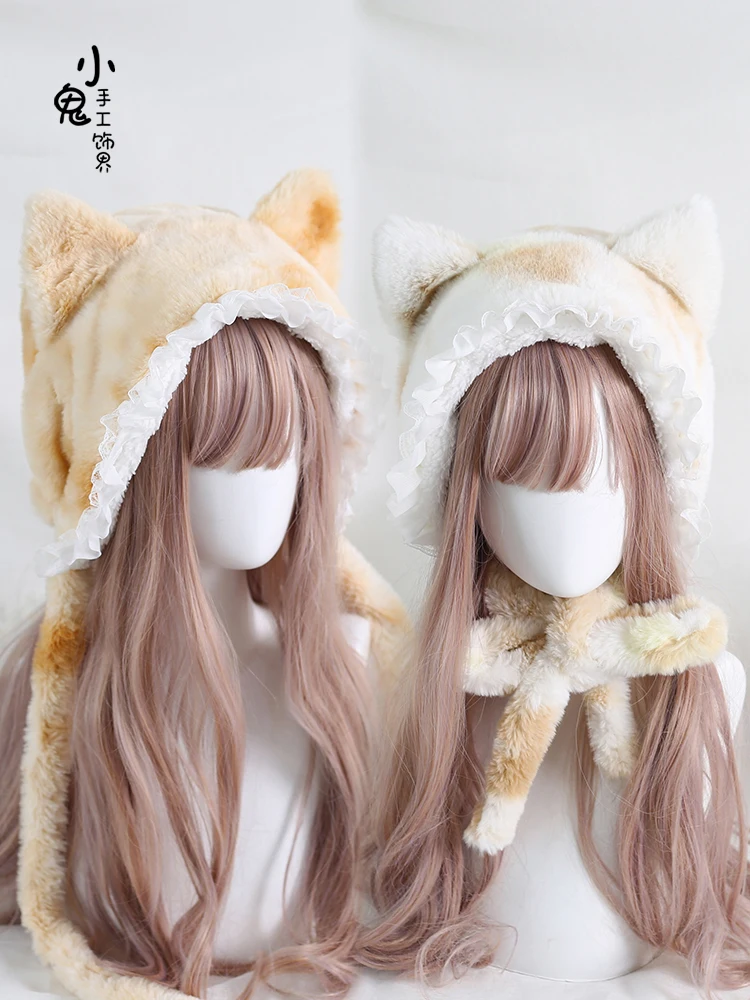 New Winter Lolita y2k Beanies Girls Cute Tiger Cat Print Hat for Women Warm Thick caps Hooded Hats