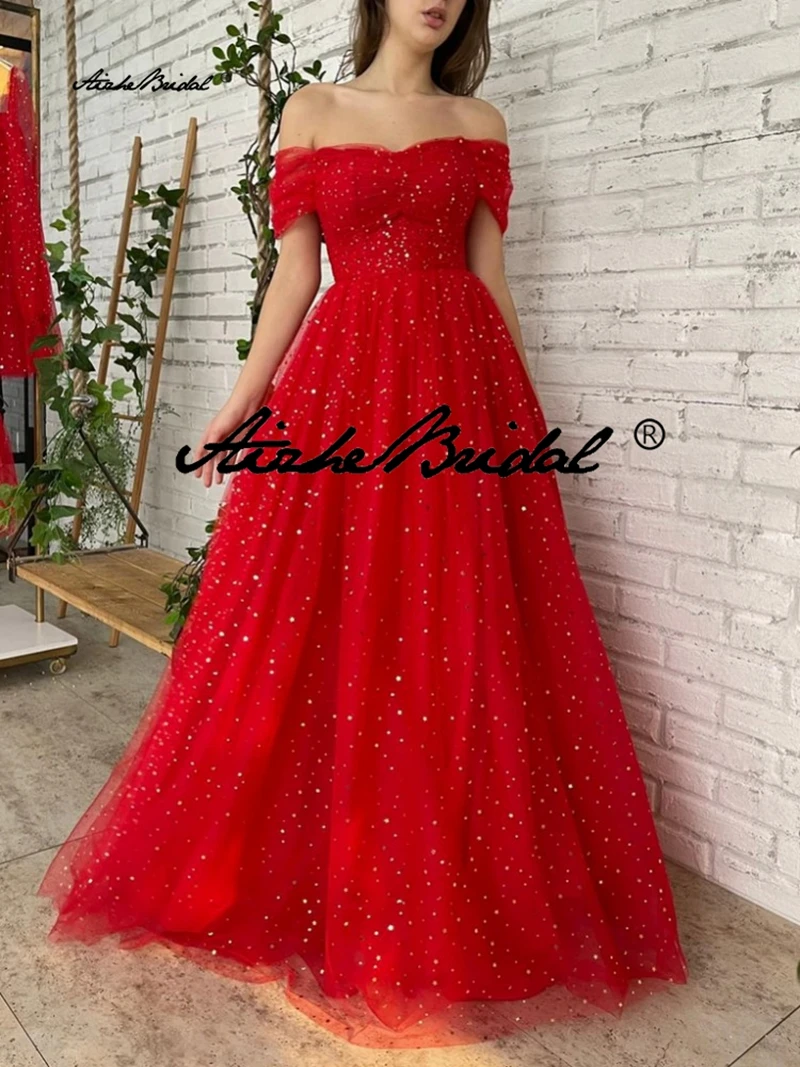 

Платье принцессы для выпускного вечера длиной до пола, милое с открытыми бретелями, красное вечернее платье 2022, блестящее тюлевое вечернее платье, халат