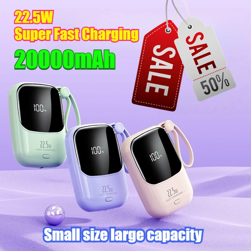 22.5W 20000mAh High-Capacity Built-in Cable Power Bank Fast Charging Lithium Battery Portable Charger