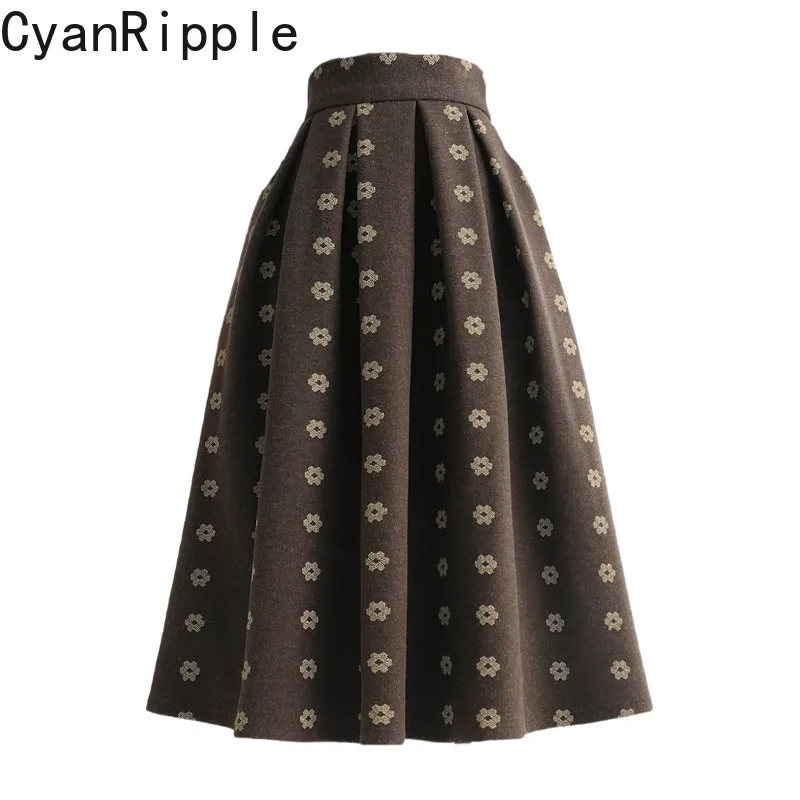 2026 New Autumn Winter Vintage Dark Brown Woolen Skirt Elegant High Waist Embroidery Mid-length Women A-line Umbrella Skirts