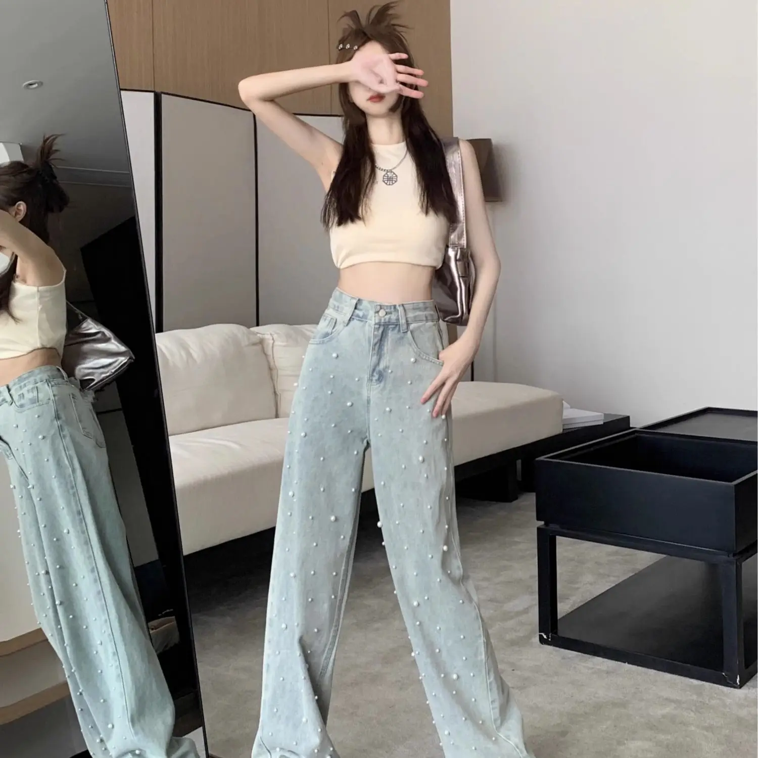 Women\'s Jeans High Waist Straight Blue Beaded Pearls Denim Pants Spring Autumn Chic Streetwear Design Baggy Jeans Women Clothing