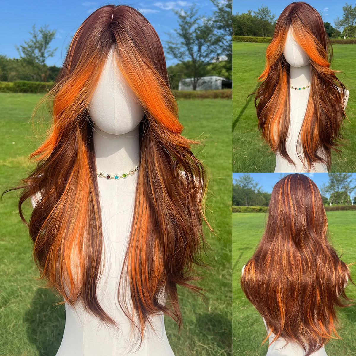 

High Temperature Silk Material For Party Chemical Fiber Women's Wig Daily Red Brown Pick Dyeing Center Piece Cos Large Waves