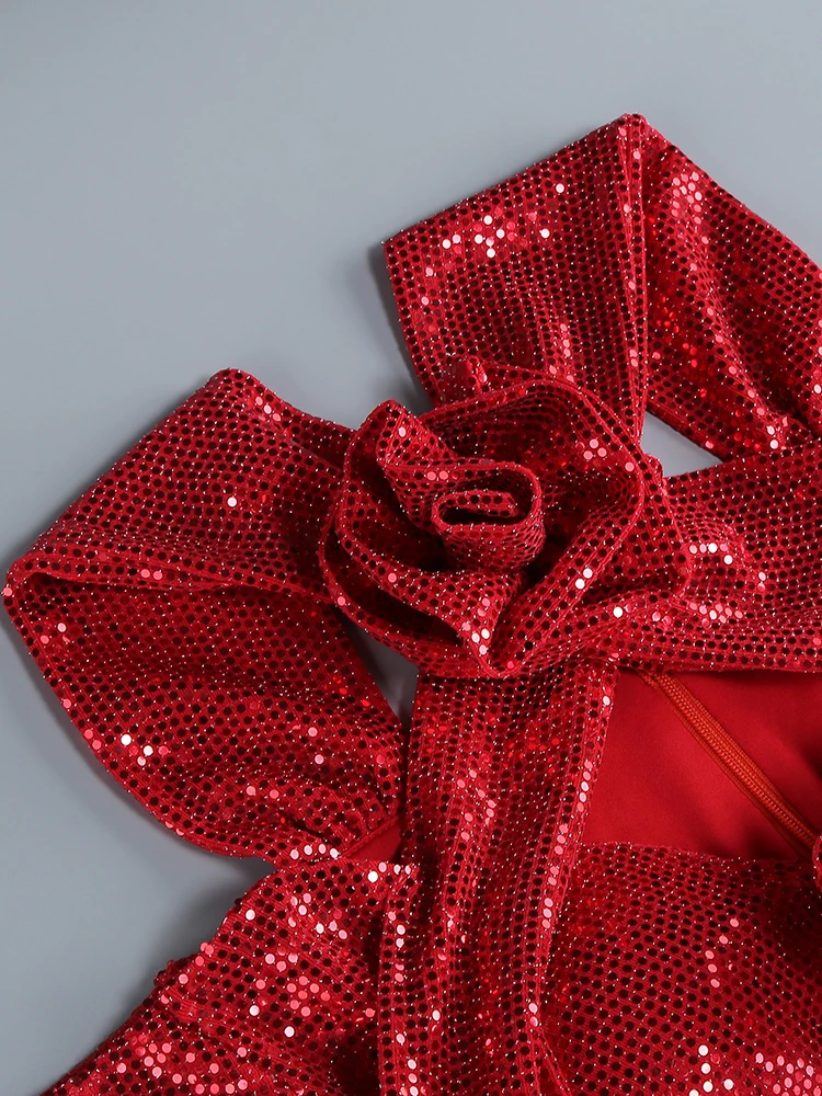 فستان مثير بياقة على شكل v وأكمام طويلة مزين بالزهور ترتر 2025 صيف جديد للمرأة حورية البحر Bodycon فستان المشاهير للحفلات المسائية #5