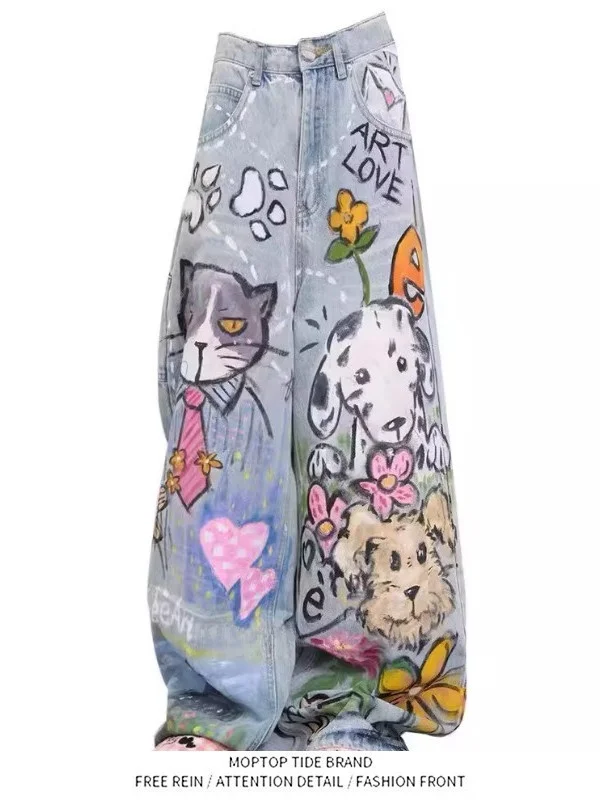 Retro American Hand-Drawn Graffiti Men's Jeans Loose Straight Leg Wide Leg Casual Trousers Autumn New Style Youth Vitality Style
