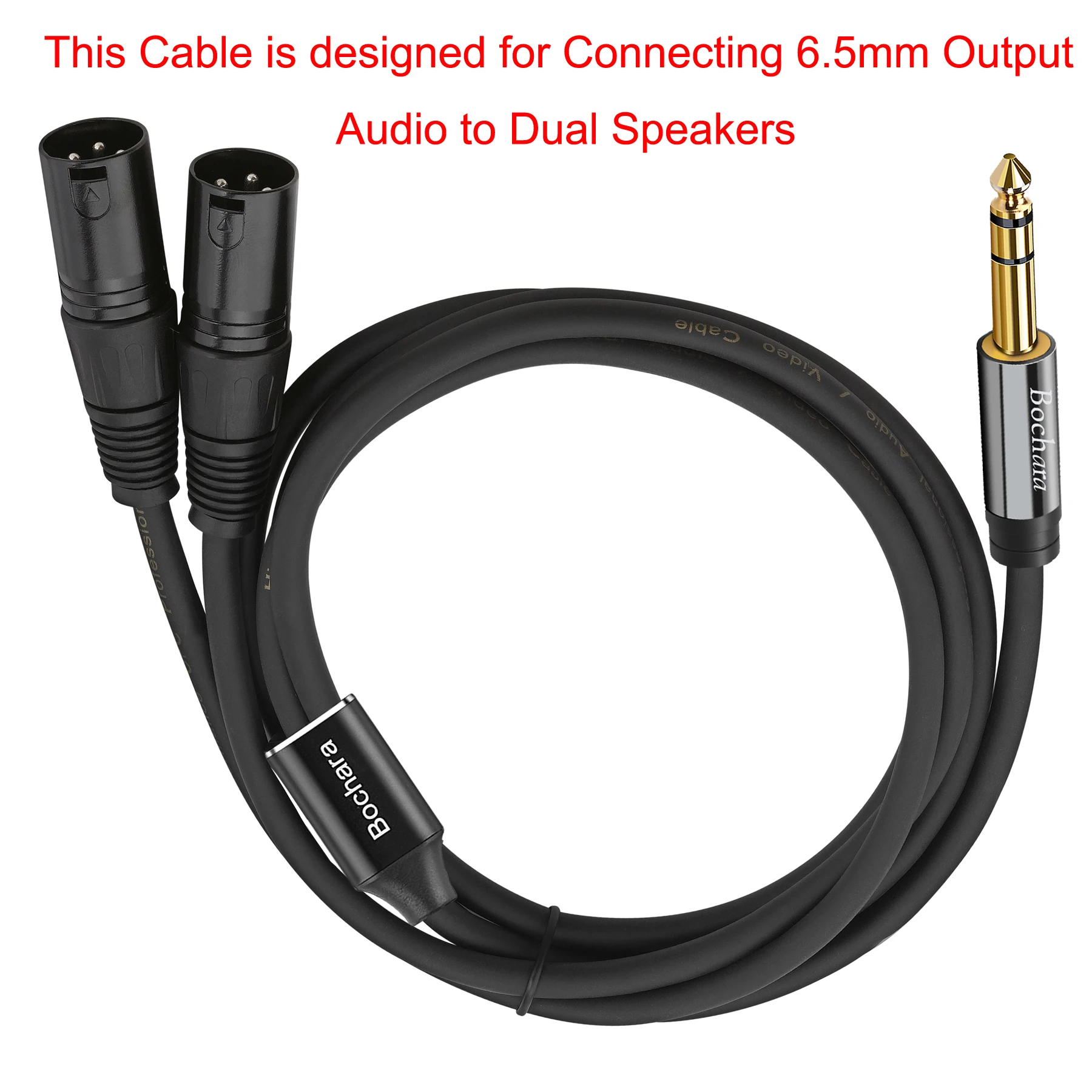 Bochara Gold Plated 1/4\'\' TRS 6.35mm Stereo Jack to Dual XLR Male OFC Audio Cable Foil+Braided Shielded For Speakers