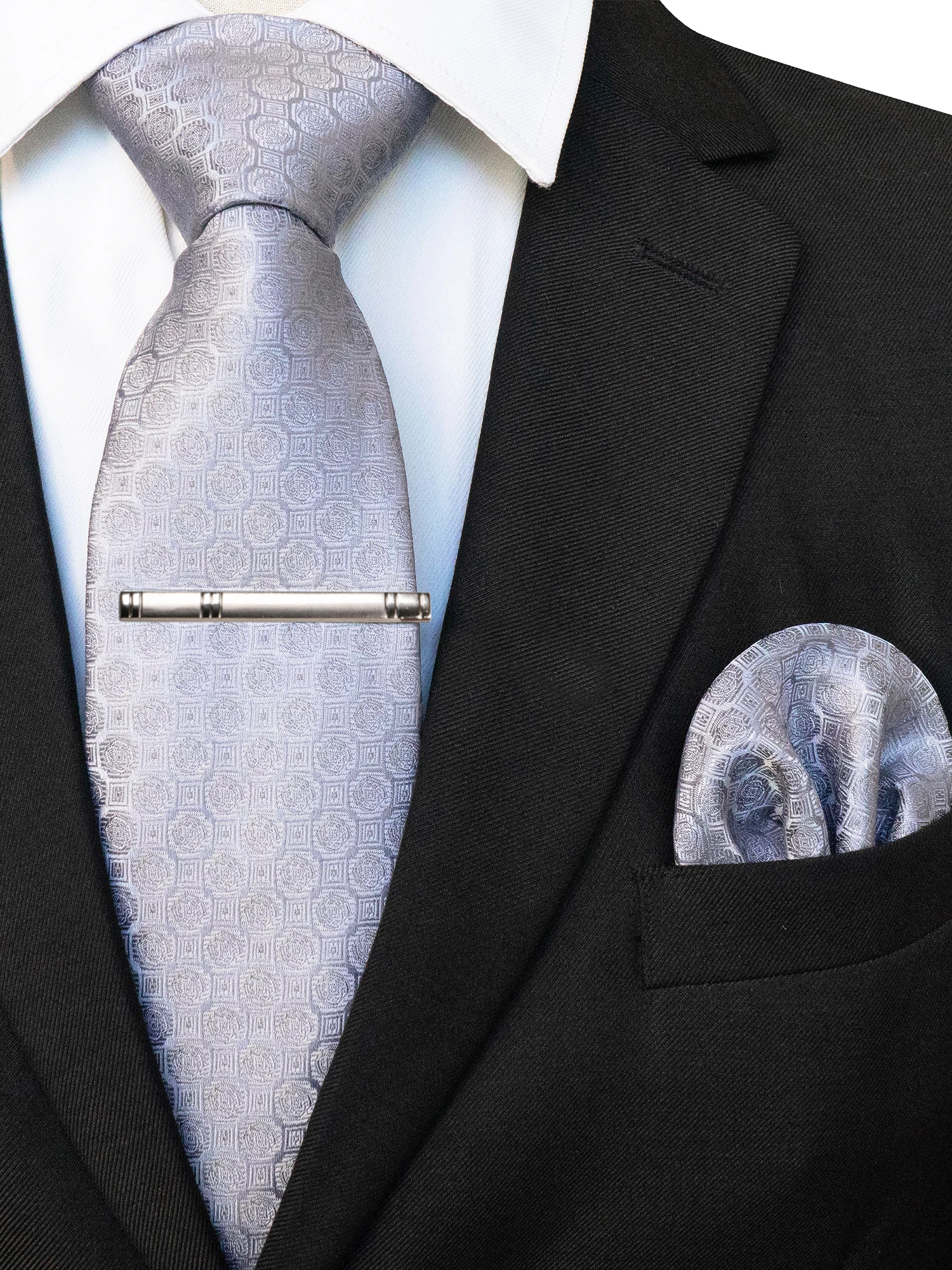 KAMBERFT Klassische Herrenkrawatte mit Krawattenklammer und Einstecktuch, 3-teiliges Set für Büro, Hochzeit, Party – Detail 1