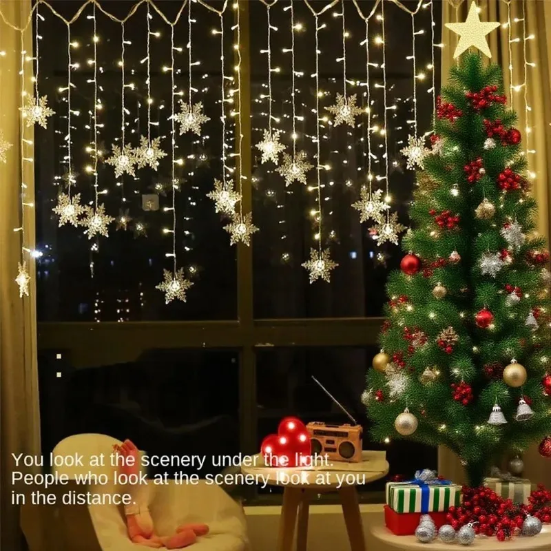 Christmas Holiday LED Snowflakes Flashing Fairy Curtain Lights 32M Waterproof String Lights for Xmas Party Wedding Decoration
